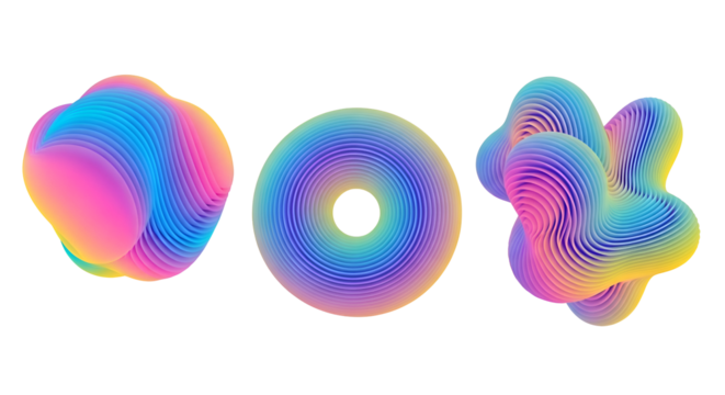 Three abstract 3 D gradient forms with layered textures on black shape