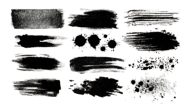 The image features a collection of artistic brushstroke textures and patterns in various styles, showcasing unique marks and forms.