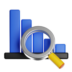 Magnifying glass analyzing data bar chart statistics