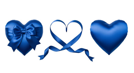 Three blue satin hearts one with bow one ribbon shaped one solid blue heart ribbon heart