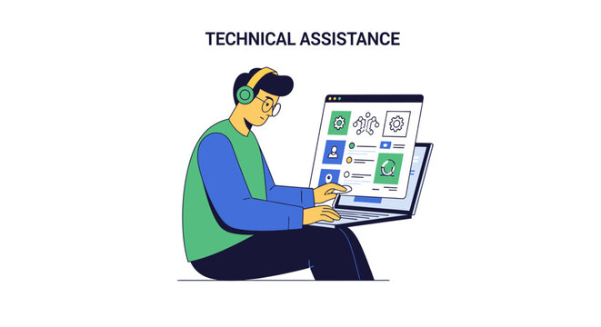 Expert technical assistant providing remote online support, using laptop computer and headset to