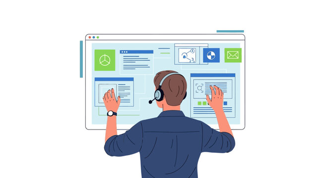 Illustration of a man working with a large interactive digital interface panel