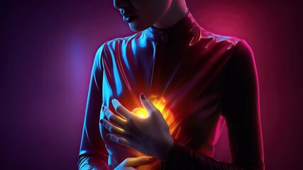 Woman touching chest illuminated with glowing light abstract concept - Powered by Adobe