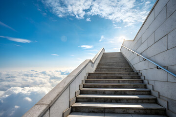 Contemporary stairway reaching sky through sunlight. Represents success path, leadership, mindset growth, self belief, focus and new opportunities.