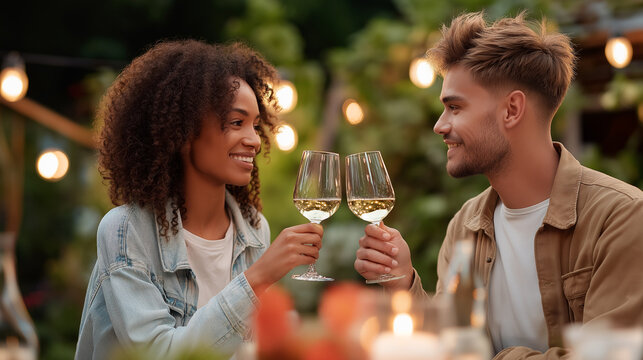 Romantic couple toasting with white wine at outdoor dinner date. Young diverse man and woman smiling together with bokeh lights background. Love, relationship and celebration lifestyle concept. - Powered by Adobe
