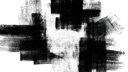 A bold, monochromatic abstract artwork featuring dynamic brush strokes and contrasting textures.