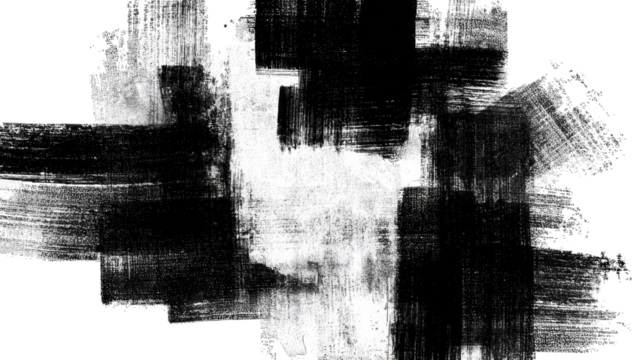 A bold, monochromatic abstract artwork featuring dynamic brush strokes and contrasting textures.