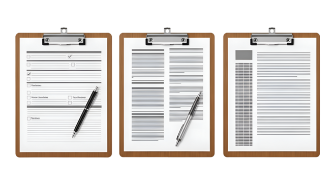 Three clipboards with documents and pens on black background paper writing
