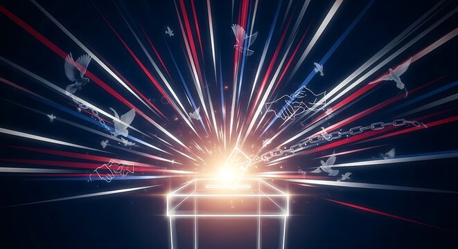 Abstract composition symbolizing democracy and freedom, glowing ballot box surrounded by light rays, symbolic digital art