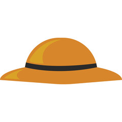 Orange wide brim sun hat with black ribbon band on a transparent background stylized flat illustration graphic design element for summer fashion