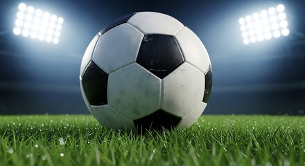 Soccer ball on green grass under stadium floodlights, focus on texture and detail, concept of competition and championship