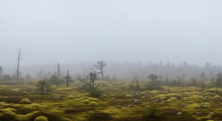 A misty, somber swamp scene with muted colors and weathered trees. Landscape photograph
