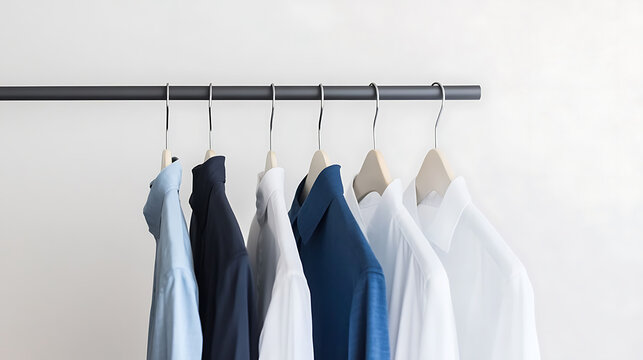 Shirts of varying colors hanging neatly on a sleek, dark rack against a plain white wall. The neutral background highlights the colors and simple elegance of the clothing.