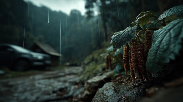 Close-up of Wet Seed Pods and Leaves on a Rock During Heavy Rain in a Forest