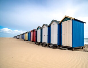 Fototapeta premium Colorful beach huts stretch across sandy dunes, under a cloudy sky