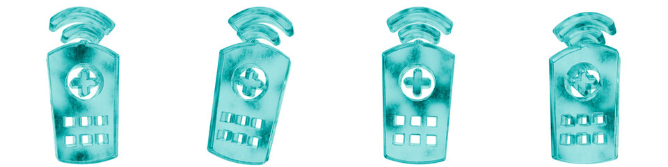 Set of four 3D remote controller shapes in frosted blue ice glass style, isolated on a transparent background. Glassmorphism icons and 3D elements for modern graphic design.