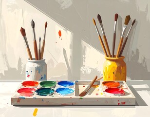 Colorful watercolor art supplies brushes, paint pots, and palette