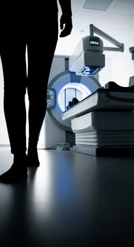 Silhouetted patient walking toward DEXA scan machine