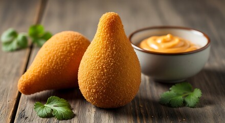 Coxinha snacks on a rustic table with dipping sauce, appetizing golden crust, shallow depth of field, studio food photography