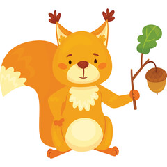 Orange Squirrel Holds Oak Branch With Acorn Cartoon Character Nature Theme Isolated On Transparent Background