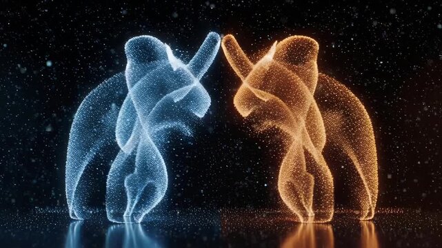 Two Abstract Digital Bull Figures Glowing Blue and Orange Facing Each Other with Particles and Reflections on Dark Background