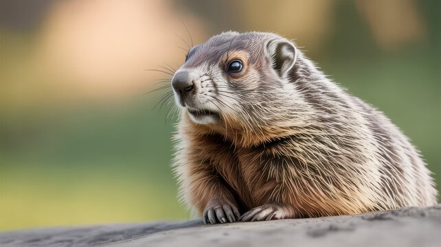 Close up of a groundhog sitting on a rock looking to the left with a blurred background behind it - Powered by Adobe