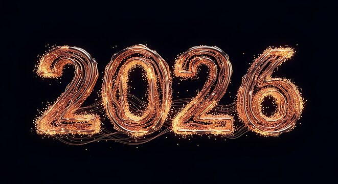 Fiery 2026 numbers illuminated with sparkling embers and glowing light against a dark background