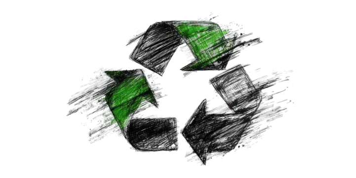 A green recycling symbol drawn in a sketch-like style, representing sustainability and environmental awareness.