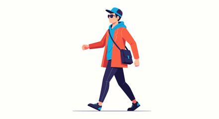 Stylish young man strolling confidently with a shoulder bag in vivid color scheme illustration