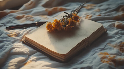 "Open notebook with dried flowers on soft linen fabric," "Rustic journal and pen on sunlit textile background," "Vintage writing setup with dried floral decor"