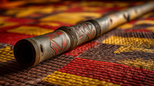 Celebrate the P&rsquo;yagsawitan Festival, Philippines  Traditional Bamboo Instrument Close-Up on a Colorful Mat