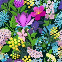 Blooming Meadow Boho dark Seamless Pattern. Ditsy Print. Wildflowers Vintage Background. Simple Different Small Flowers. Millefleurs Liberty Style Floral Design For Fabric, Paper, Surface Design.