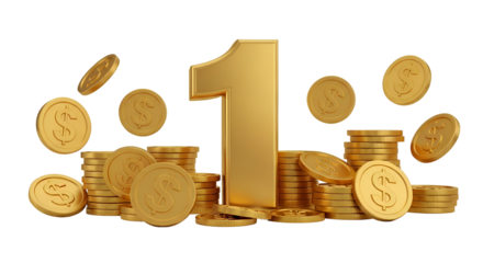 Golden Number One Surrounded by Falling and Stacked Dollar Coins image