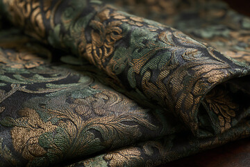 Subtle Textured Green and Bronze Damask Upholstery Ambience. Use for: Interior Design Apps, Classic Celebrations. Color Theme and Style: Earthy Greens and Bronzes, Refined and Classic Style.