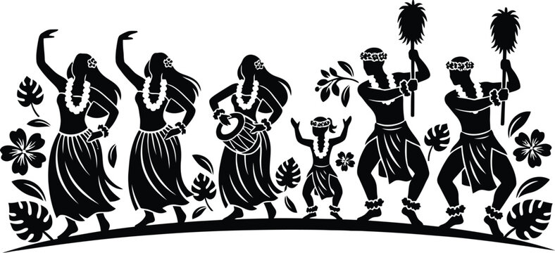 Silhouette vector of group performing Hawaiian hula dance