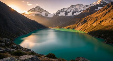 Fototapeta premium Scenic vista of a turquoise lake nestled amongst snow-capped mountains, bathed in golden sunlight