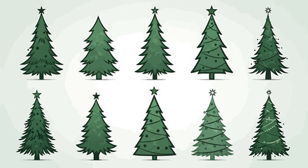 Obraz premium Collection of Ten Different Green Christmas Tree Vector Illustrations for Holiday Design