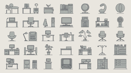 Flat Design Office Furniture & Equipment Vector Icon Set. Desks, Chairs, Computers, Lamps, & Workplace Accessories.