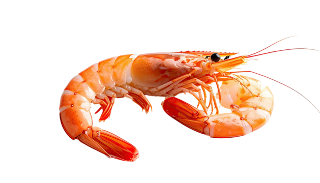 Cooked shrimp curls against black background, with long antennae