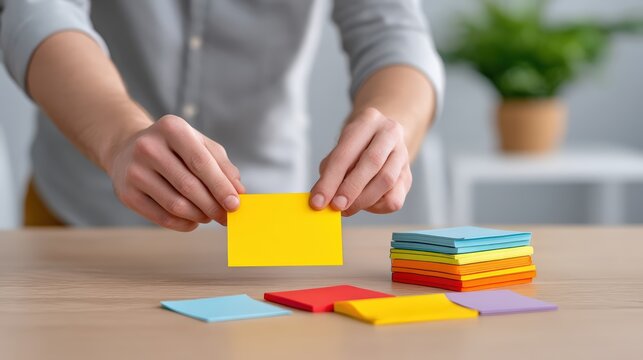 man organizing desk with sticky notes, pens in a home office, using planner notebook, lit with warm indoor light, captured in close-up composition, styled as clean modern look, clean background,
