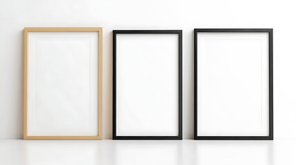 Three frames of different colours arranged on a white reflective surface against a white wall offer a clean, modern aesthetic for showcasing art or photography.