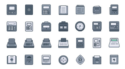 Grayscale flat design vector icons: office technology, business equipment, calculators, time clocks, and administrative tools collection.