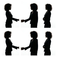 Shadow of Success: A montage of a businesswoman in silhouette engaging in a sequence of professional gestures, emphasizing business acumen and approachability.