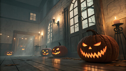 Haunted Pumpkin Porch – Glowing Jack-o'-Lanterns and Spooky Decor at Night