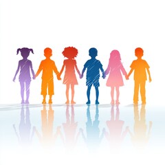 Children's Unity Silhouette: Diverse children stand shoulder to shoulder, their silhouettes radiating unity and harmony. A vibrant portrayal of connection, acceptance and equality.