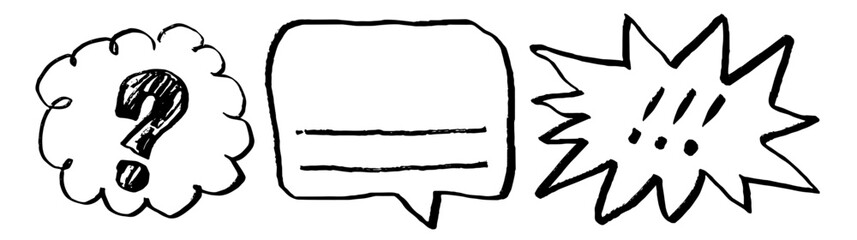 Set of hand drawn speech bubbles. Drawn with brush text boxes. Empty design template. Design element with copy space. Frames for text. Question mark, exclamation mark