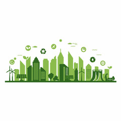 Minimalist Flat Green Sustainable Cityscape Silhouette with Renewable Energy Icon