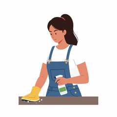 Flat Illustration of Young Woman Cleaning Surface at Home