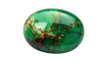 Shiny green gemstone with brown crackled patterns on black field