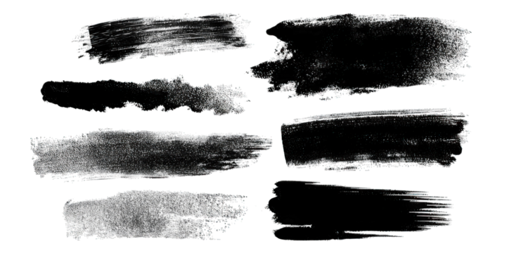A series of artistic black brush strokes showcasing various textures and widths, perfect for backgrounds or design elements.
